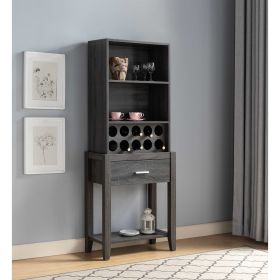 Wine Bar Cabinet, Kitchen Storage Cabinet with Drawer and Open Shelves, Distressed Grey