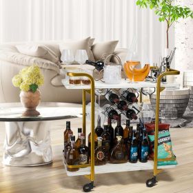 Deluxe Gold Bar Cart, with Glass Holders and Wine Racks, Modern Marbled Solid Wood Cart on Silent Wheels, 2-Tier Premium Texture Bar Cart for Kitchen