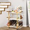 Gold Bar Cart with 3 Tiers for Stylish Storage, Home Bar Serving Cart with 4 Rows of Glass Holders & 8 Wine Racks, Modern Marbled Solid Wood Cart on L