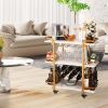 Gold Bar Cart with 3 Tiers for Stylish Storage, Home Bar Serving Cart with 4 Rows of Glass Holders & 8 Wine Racks, Modern Marbled Solid Wood Cart on L