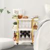 Gold Bar Cart with 3 Tiers for Stylish Storage, Home Bar Serving Cart with 4 Rows of Glass Holders & 8 Wine Racks, Modern Marbled Solid Wood Cart on L