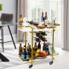 Deluxe Gold Bar Cart, with Glass Holders and Wine Racks, Modern Marbled Solid Wood Cart on Silent Wheels, 2-Tier Premium Texture Bar Cart for Kitchen